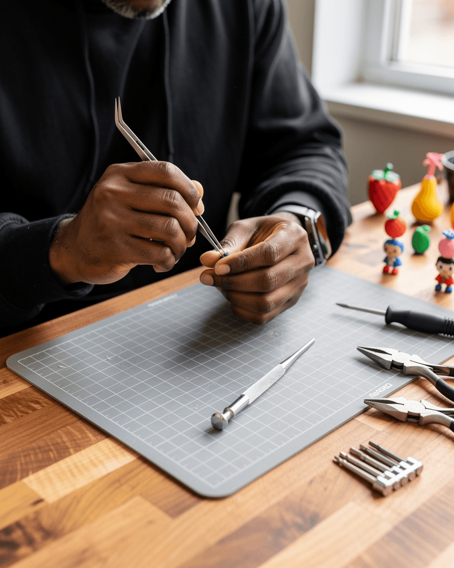 Hands at work with precision tweezers
